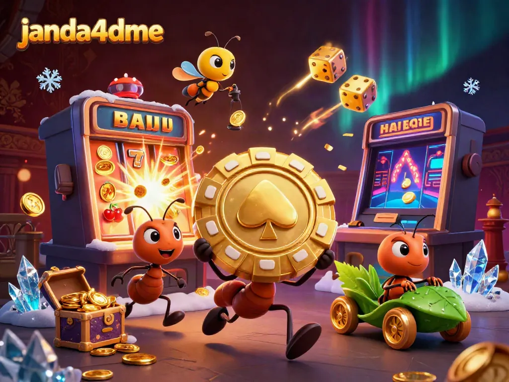 Scene utama janda4dme menampilkan tim semut 3D yang mengambil chip poker emas dalam suasana kasino yang meriah