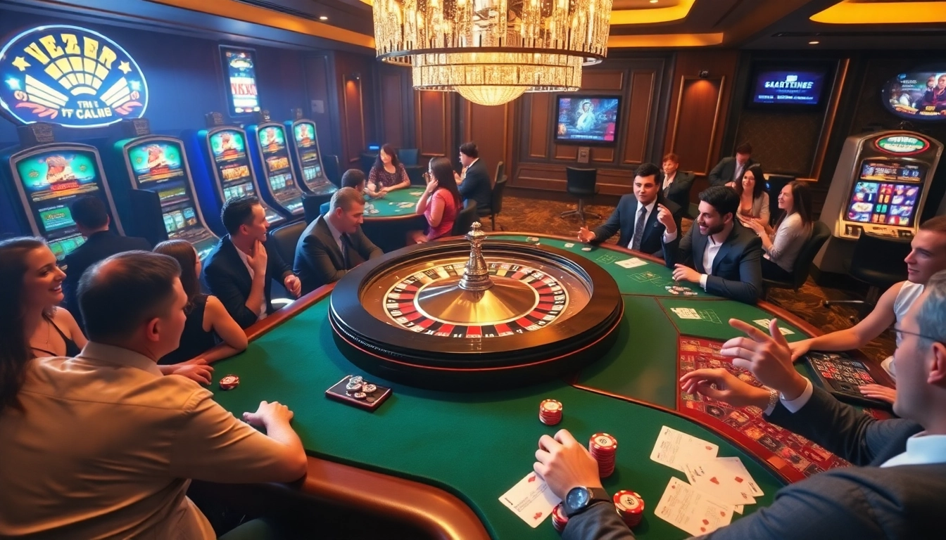 Casual gamblers enjoying a game of roulette in an upscale casino setting themed around PXJ.