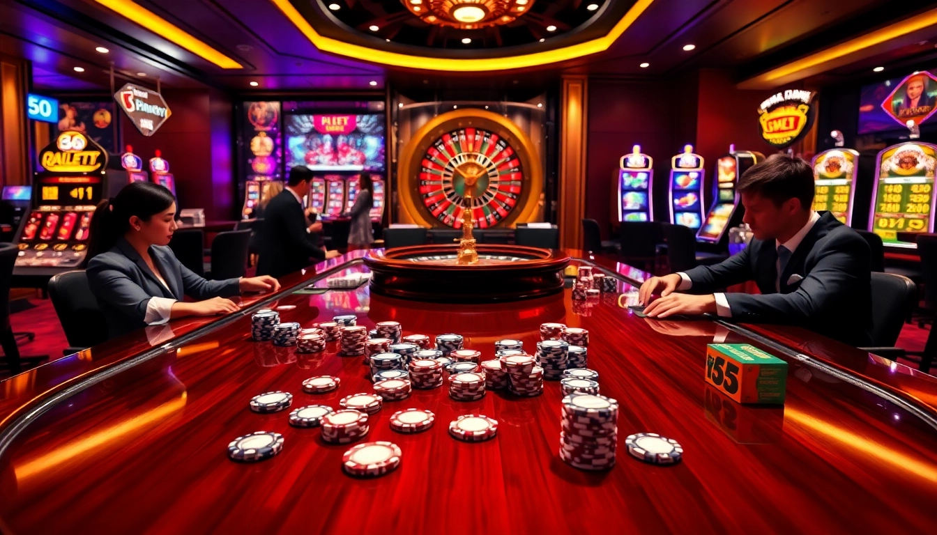 Engaging casino scene with players at 58WIN poker table and vibrant slot machines.