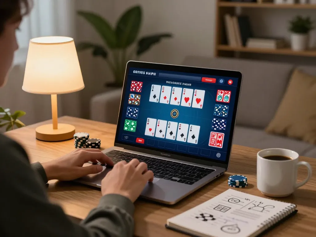 open88 online gaming interface showcasing poker strategy on laptop in a cozy home setting
