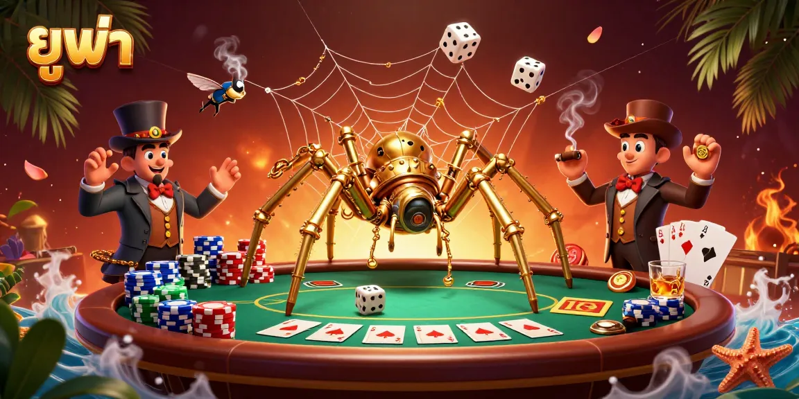 Experience the excitement of ufabet with a golden steampunk spider catching dice at a vibrant casino tableau.