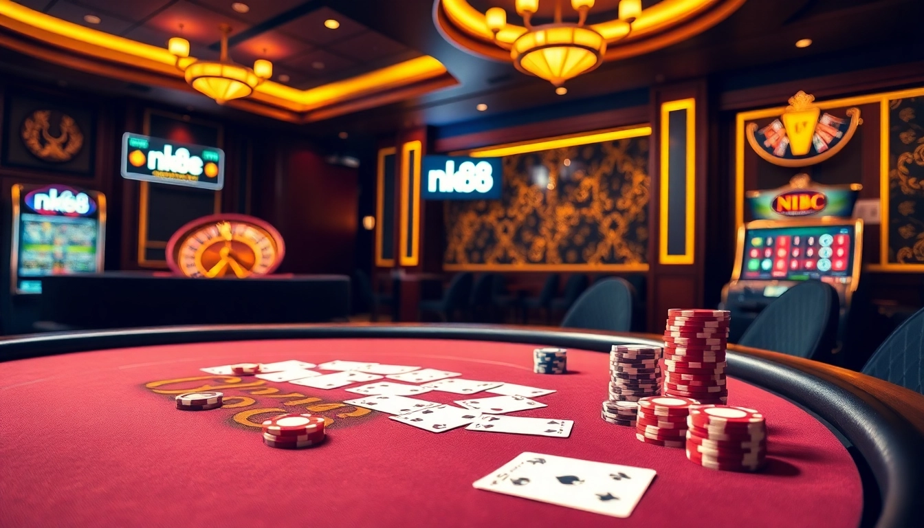 Exciting nk88 casino scene featuring a poker table, roulette wheel, and vibrant slot machine.