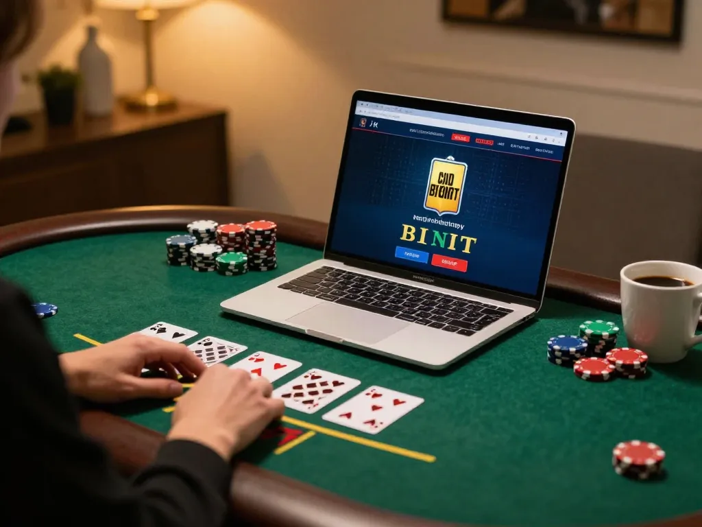 VU88 player strategizing win in live blackjack with laptop and cards