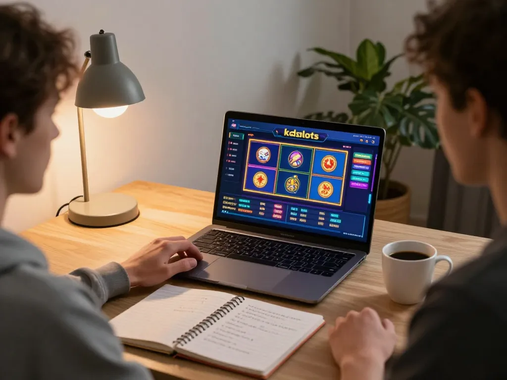 Kdslots platform interface displayed on a laptop in a cozy home gaming setup, showcasing strategic gameplay.