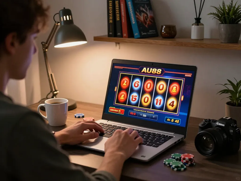Engaging online gaming with AU88 slots interface visible on laptop, showcasing a player's focus and excitement.