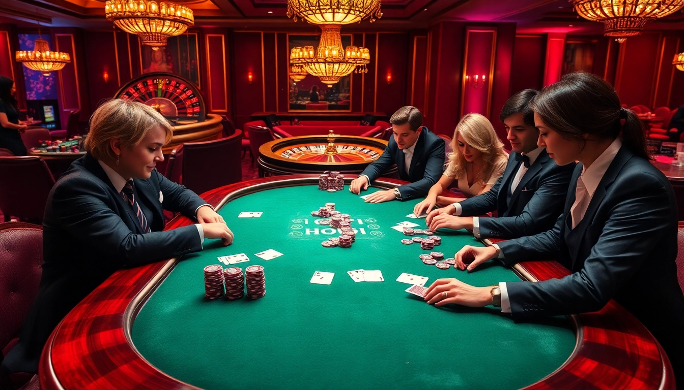 Players strategizing in a high-stakes poker game at Gamequeen casino, showcasing excitement and luxury.