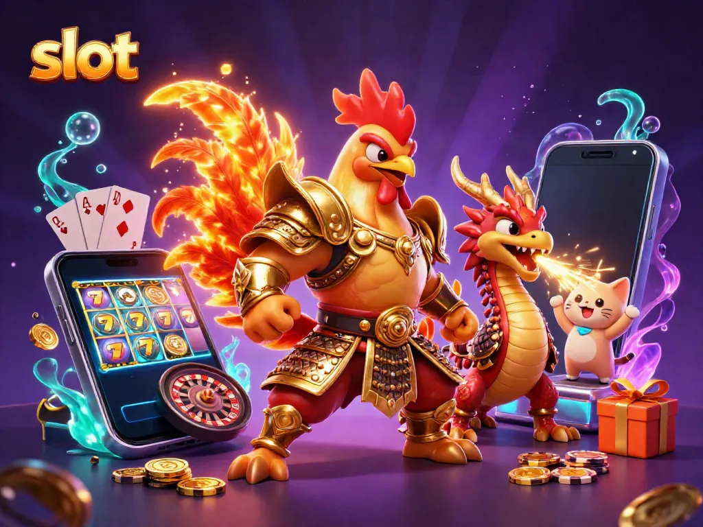 Mencoba slot dengan karakter kartun yang menarik seperti ayam jantan dan naga, dikelilingi oleh koin emas dan permainan.