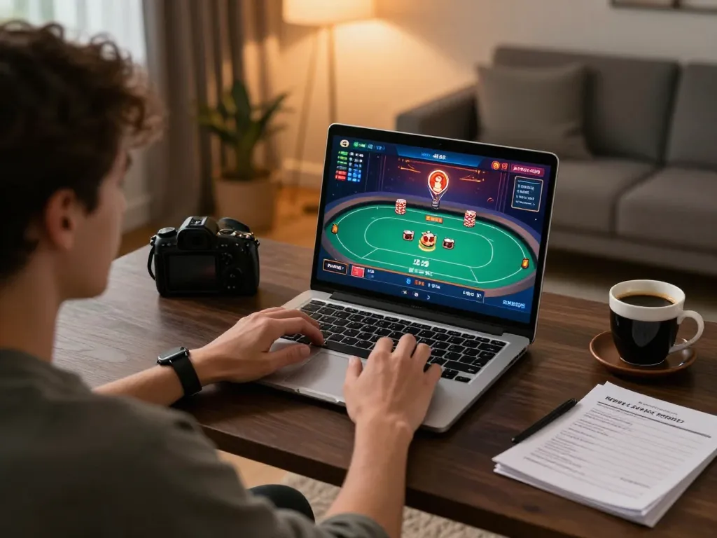 Engaged player enjoying poker on f8beta2 online platform in a cozy home setup.