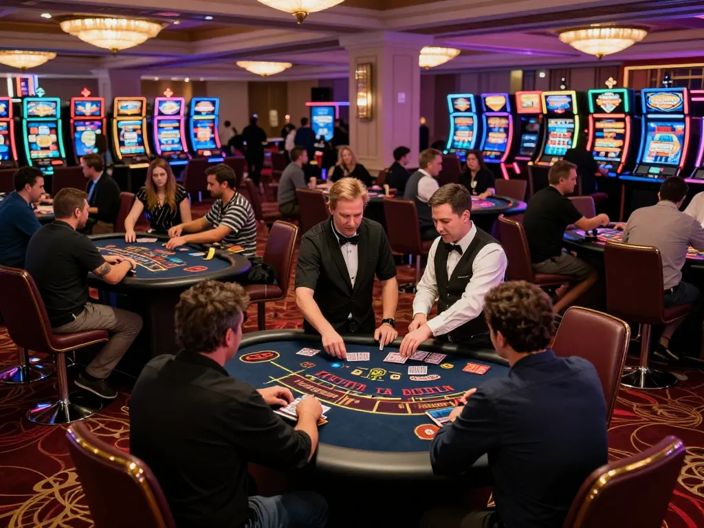 Players engaged at blackjack tables in a lively casino environment showcasing FC88's exciting gaming experience