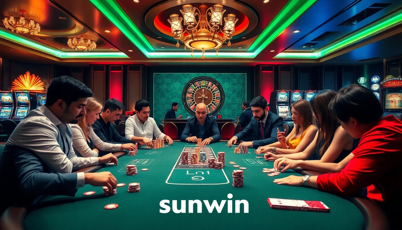 Players excitedly strategizing at a sunwin poker table in a lavish casino.