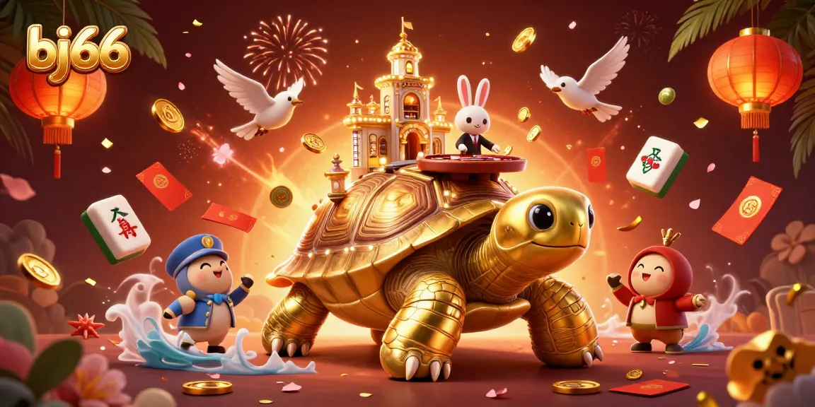 Bj66 showcases a vibrant 3D scene of a golden tortoise casino with dynamic game elements, attracting engaging gamblers.