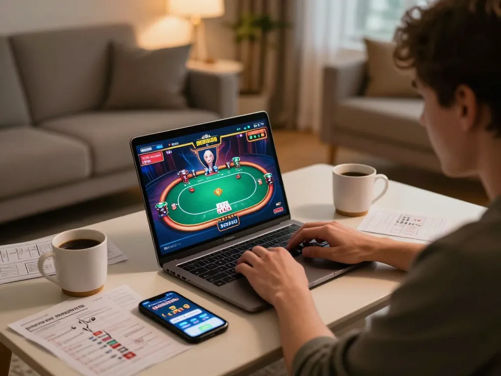 Experience online gaming with megaplus88 through an engaging poker session at home, showcasing excitement and strategy.