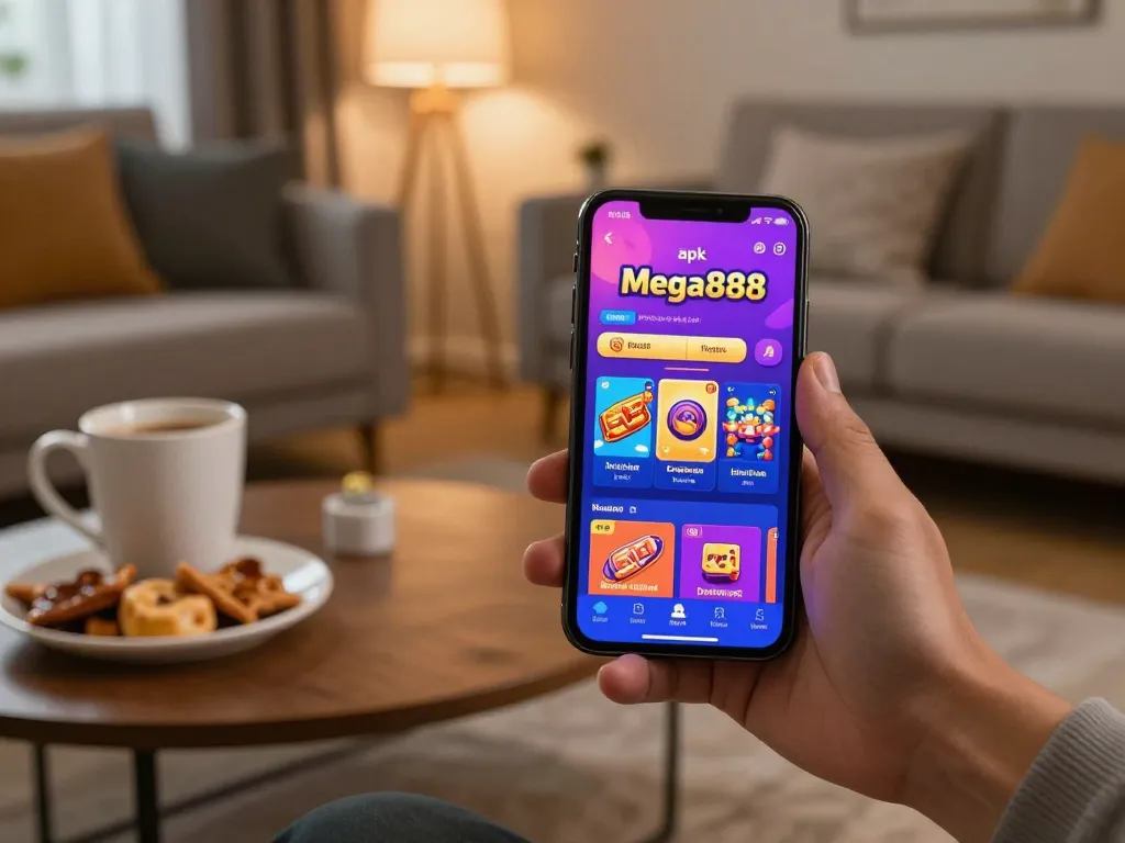 Playing slots on mega888 apk in a cozy living room setting with smartphone and snacks