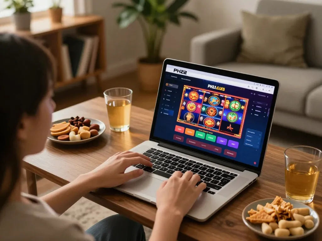 Engaging in dynamic gameplay on PH22 online casino platform using a laptop at home, showcasing immersive experience.