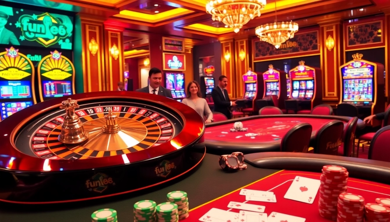 Players experiencing the excitement of Fun88 at a luxurious casino with roulette and poker tables.