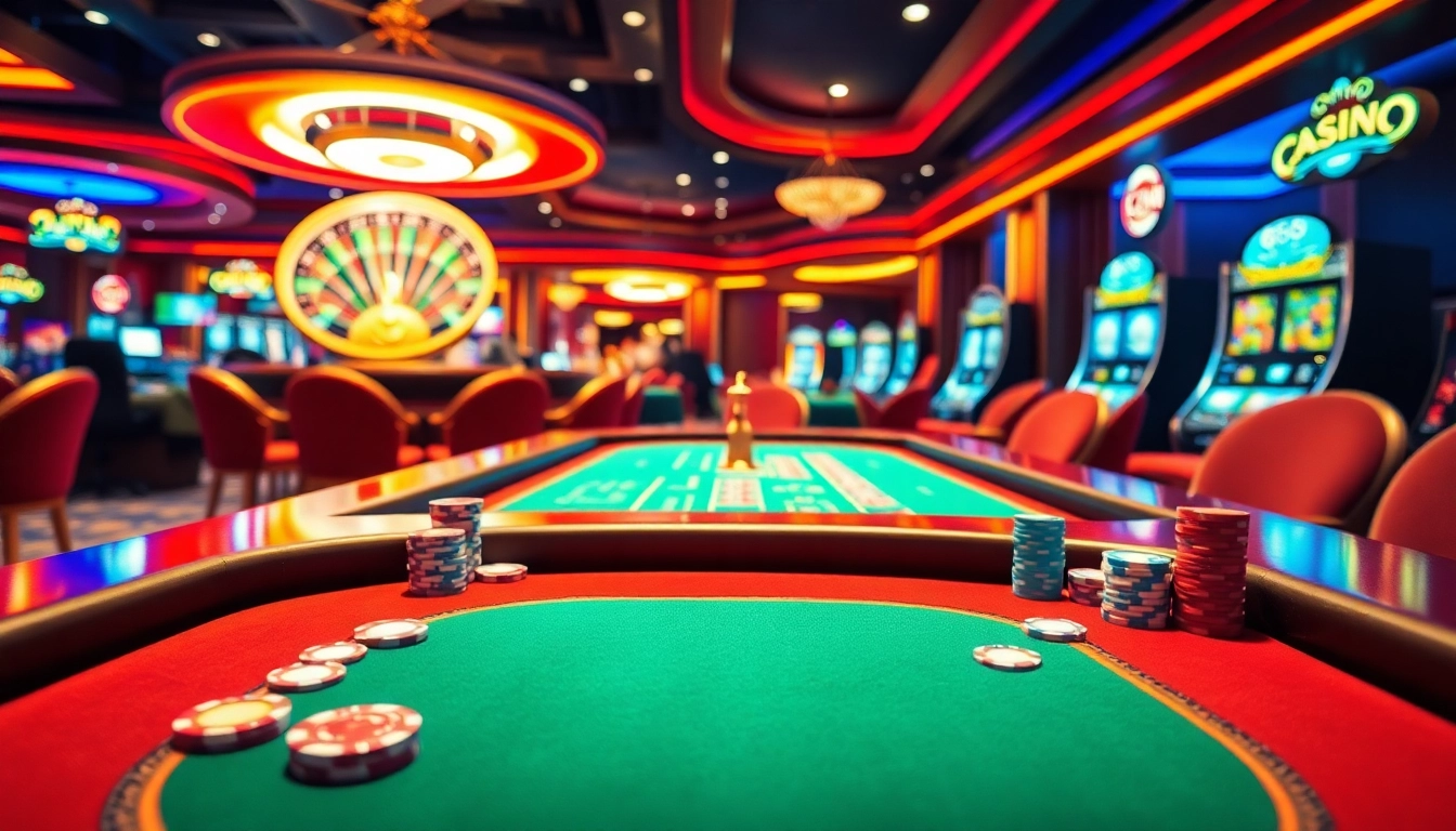 Players enjoying a thrilling gaming experience at lc88 casino with vibrant tables and a roulette wheel.