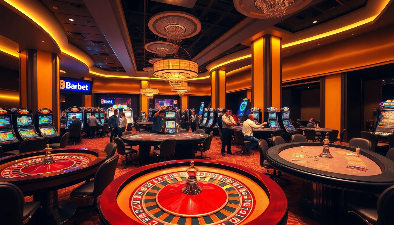 Exciting gaming scene at 8kbet with roulette wheels, poker tables, and enthusiastic players celebrating wins.