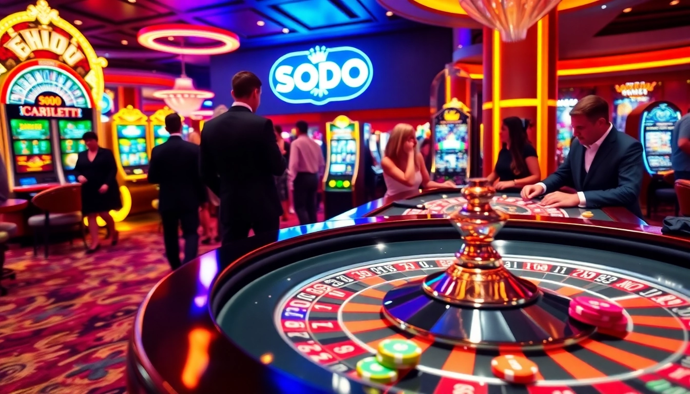 SODO Casino players excitement at a roulette table and slot machines vibrant gaming environment