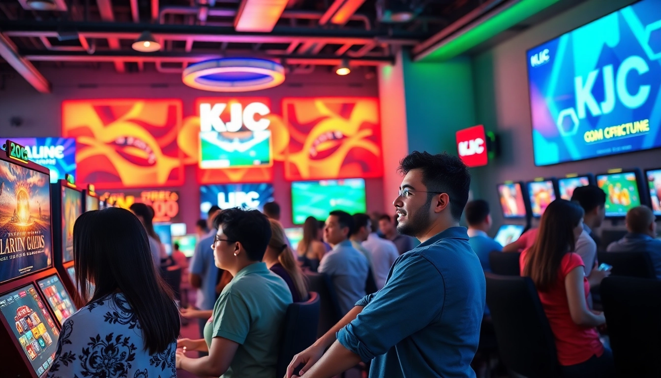 KJC online gaming hub with diverse players enjoying various interactive games and a vibrant atmosphere.