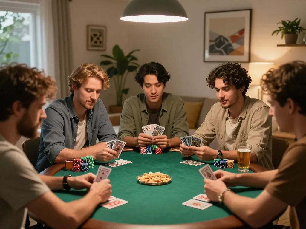 Enjoying online pokies Australia with friends during a lively poker night at home.