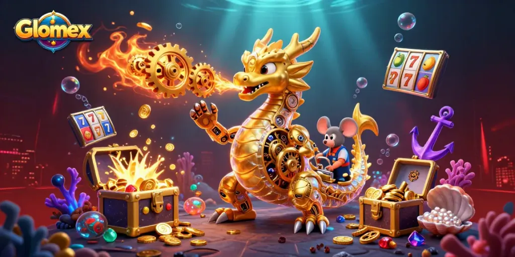 Engage with Glomex's thrilling slot scenes featuring a dragon and hidden treasures in an exciting underwater casino adventure.
