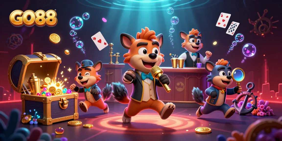 Engage in exciting gaming moments with GO88 at this vibrant casino scene featuring lively hyenas.