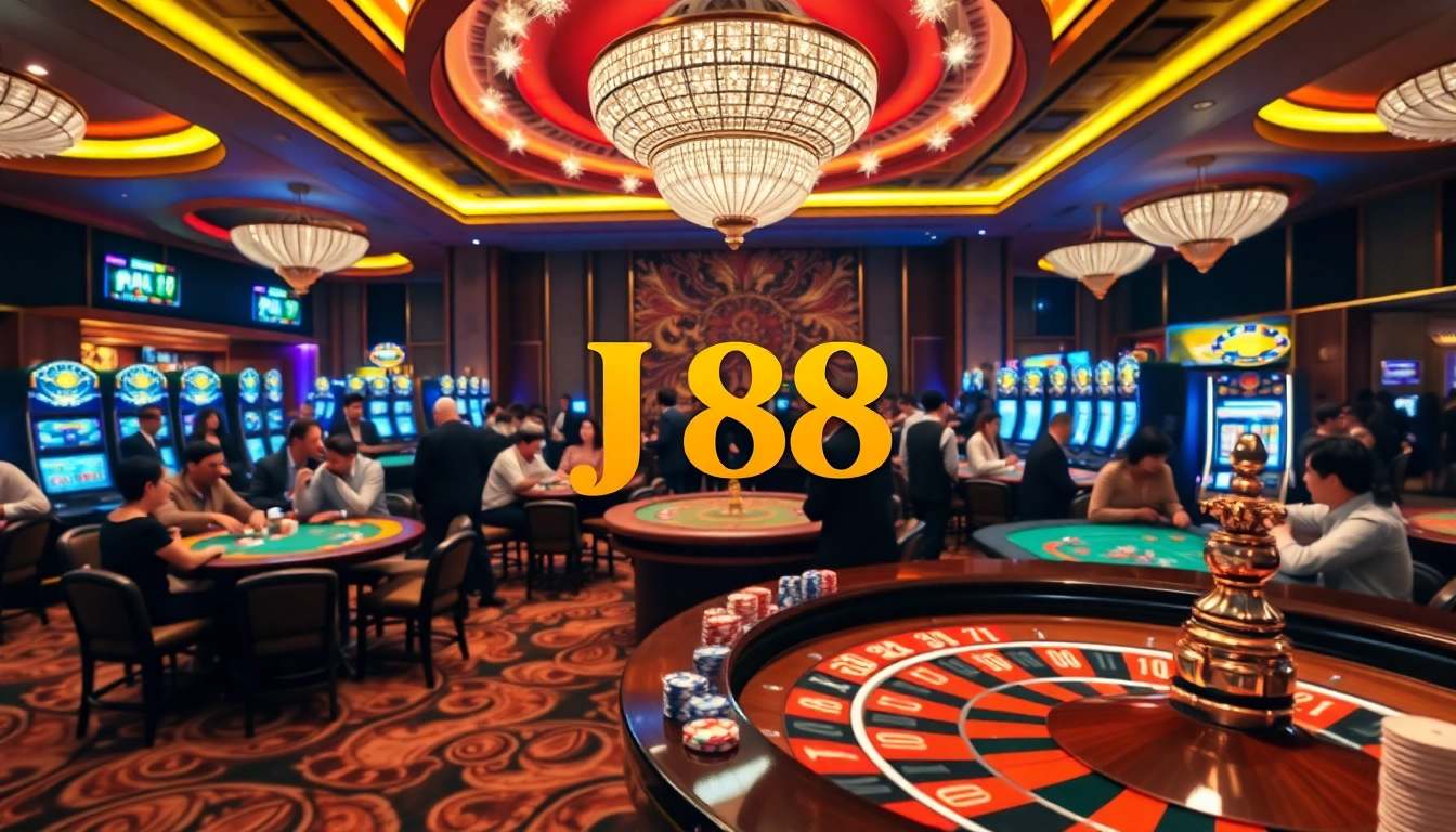 Exciting gambling scene with players at a J88 casino table featuring roulette and poker.