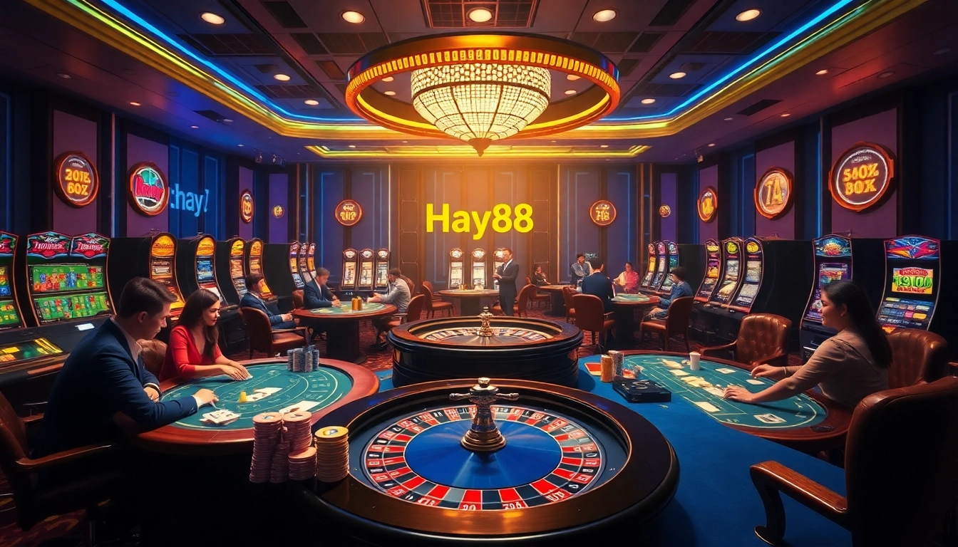 Players enjoying exciting games at Hay88 casino with vibrant slot machines and elegant tables.