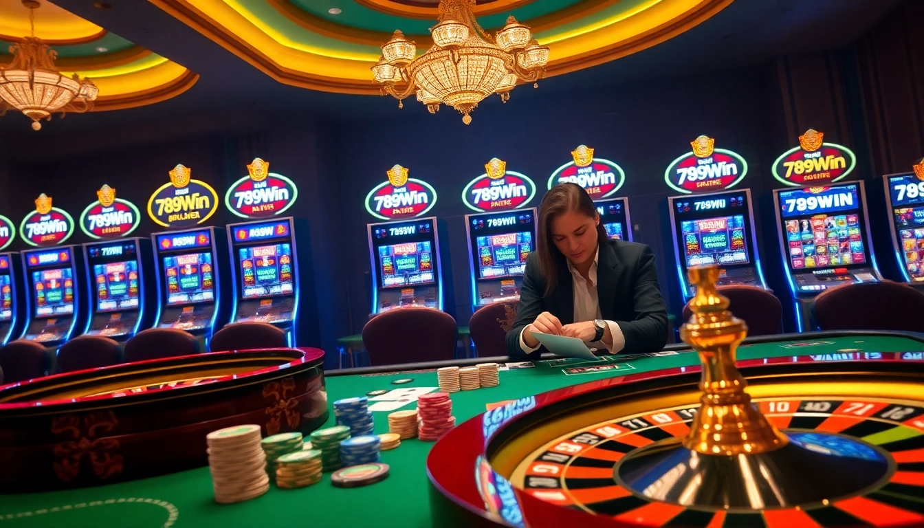 Engaging casino table scene showcasing 789Win with poker chips and cards.