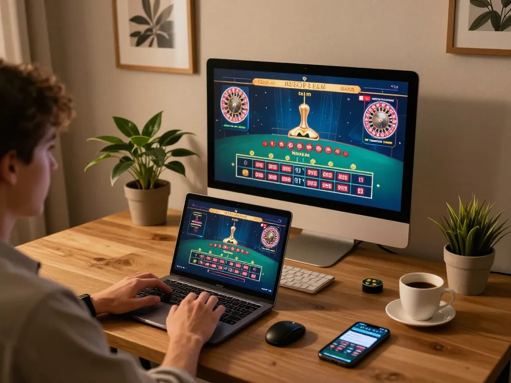 Engaging in live dealer games on 777vip online casino setup at home with cozy ambiance.