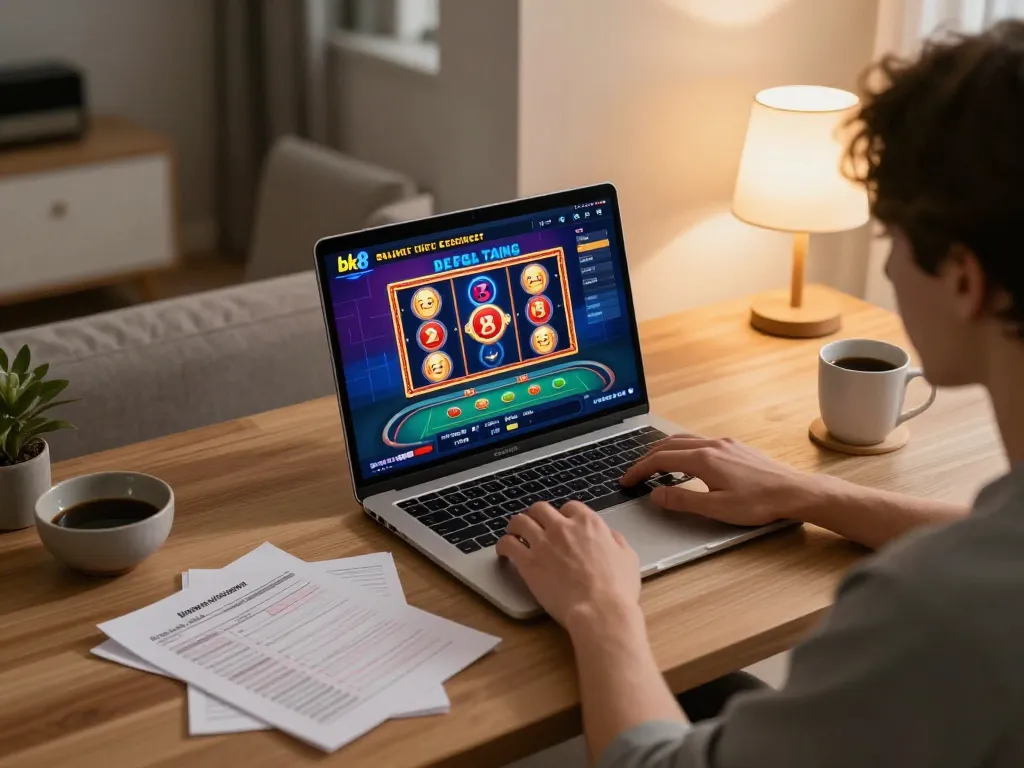 Player engaging in online gambling at bk8 using a laptop with colorful gaming interface