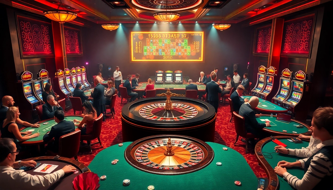 Exciting casino scene with f168-rich poker tables, roulette, and vibrant slot machines.
