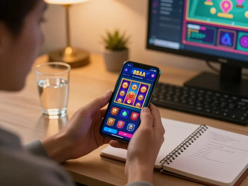 Player engaging with the 88AA casino app on smartphone while seated at a stylish home desk
