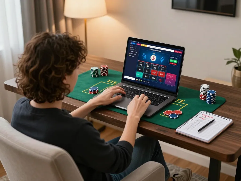A player engages in online blackjack at u888 from a stylish home setup, showcasing strategic gaming elements and a cozy atmosphere.