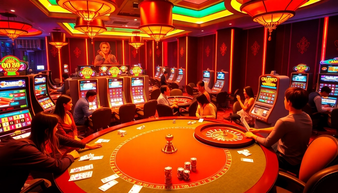 Excited players engaging with CM88's vibrant casino tables and slot machines.