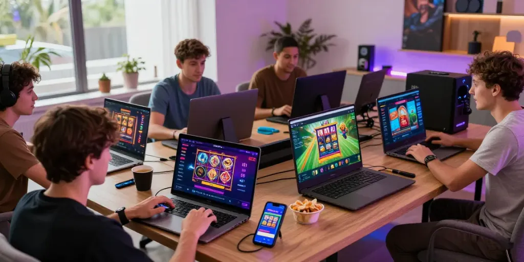 A80 online gaming platform scene with diverse players engaging in colorful digital games.