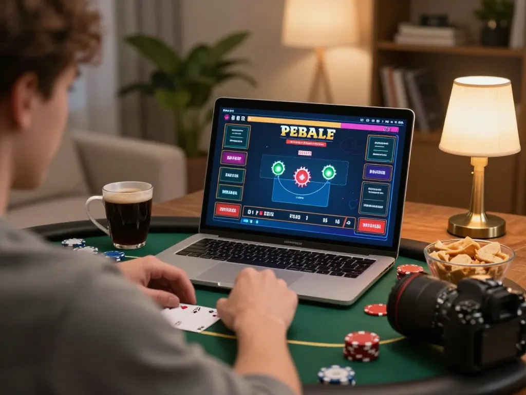 Play poker online with Luck8 in a cozy, engaging home setup, showcasing strategy and comfort