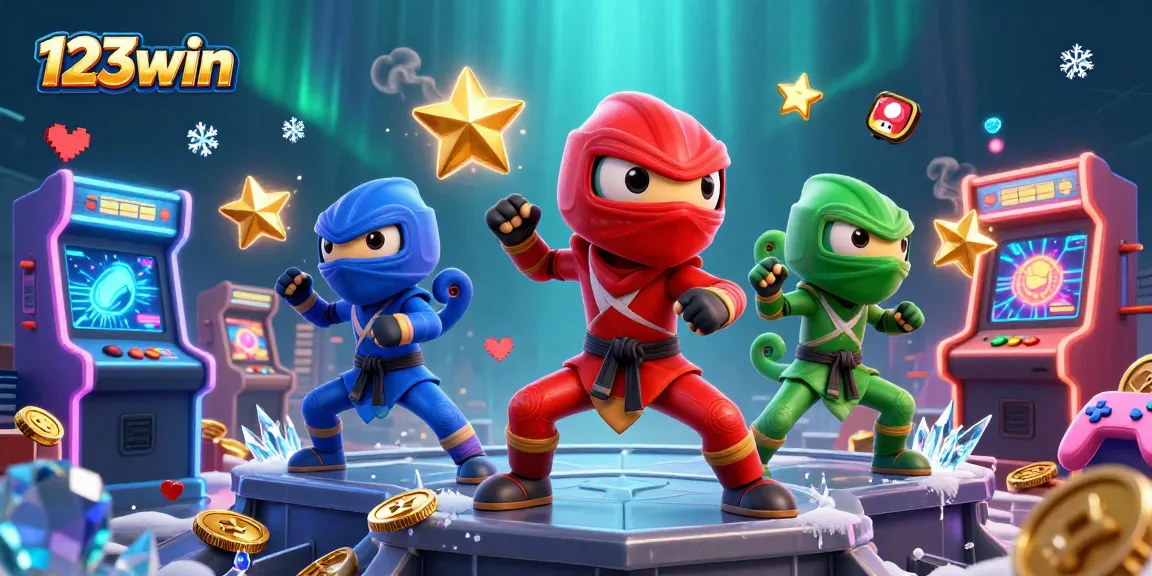 Experience thrilling gameplay with 123win's vibrant 3D illustration of ninja chameleons in action.