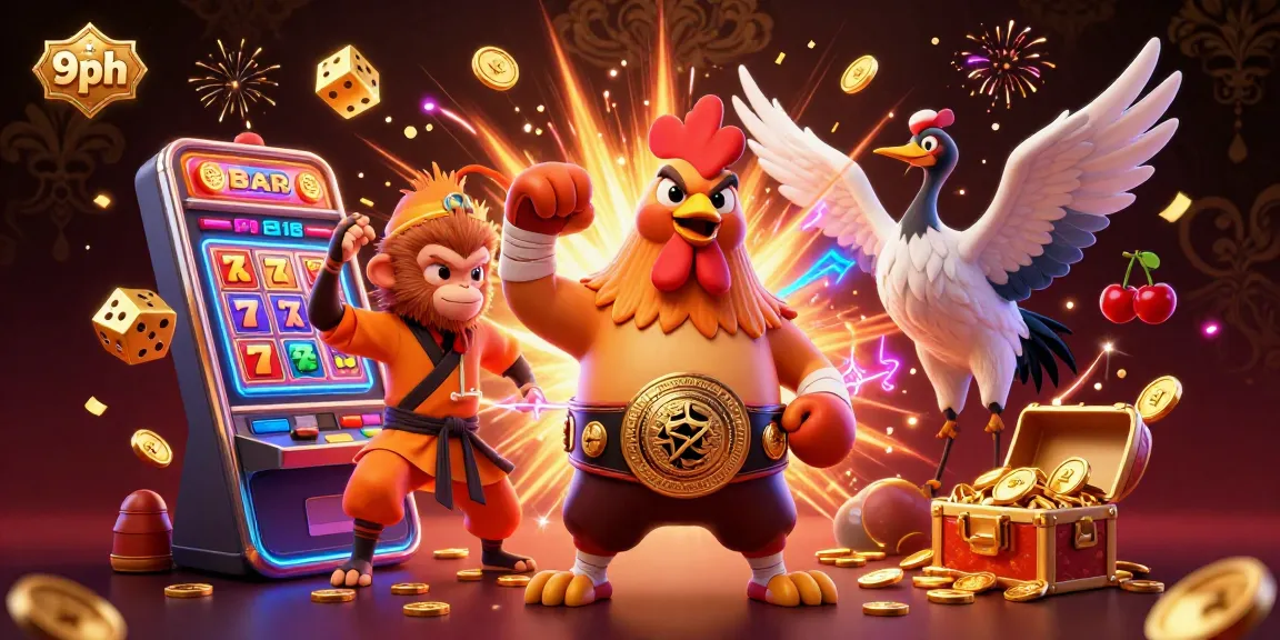 Experience the excitement of 9ph with a vibrant 3D casino scene featuring a Muay Thai rooster, Shaolin monkey, and crane master amidst a jackpot explosion.
