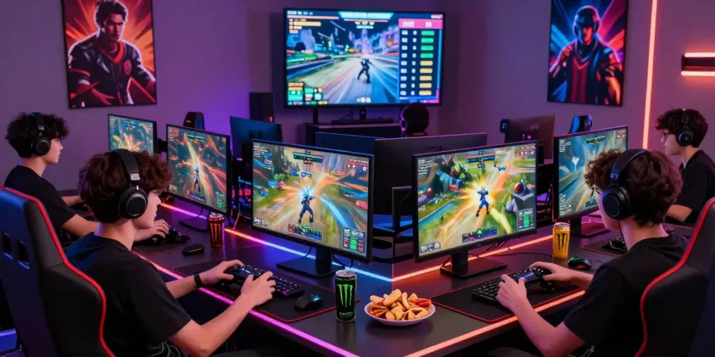 Engaging gaming environment with players enjoying hotwin88 games, vibrant lighting, and dynamic screens.