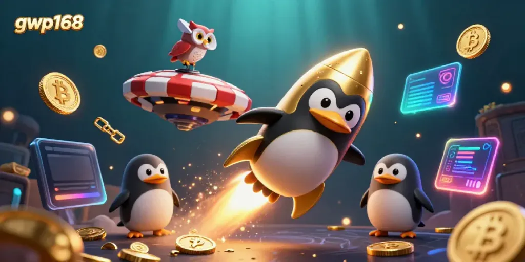 Menangkan permainan kasino dengan fitur menarik di gwp168 saat roket penguin emas meluncur di luar angkasa.