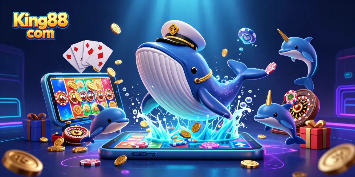 Experience the thrill of King88 com with a spectacular whale and casino-themed underwater adventure.