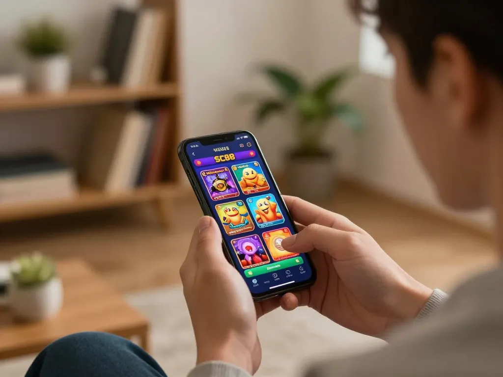 Player enjoying SC88 casino app on smartphone, showcasing engaging mobile gaming experience