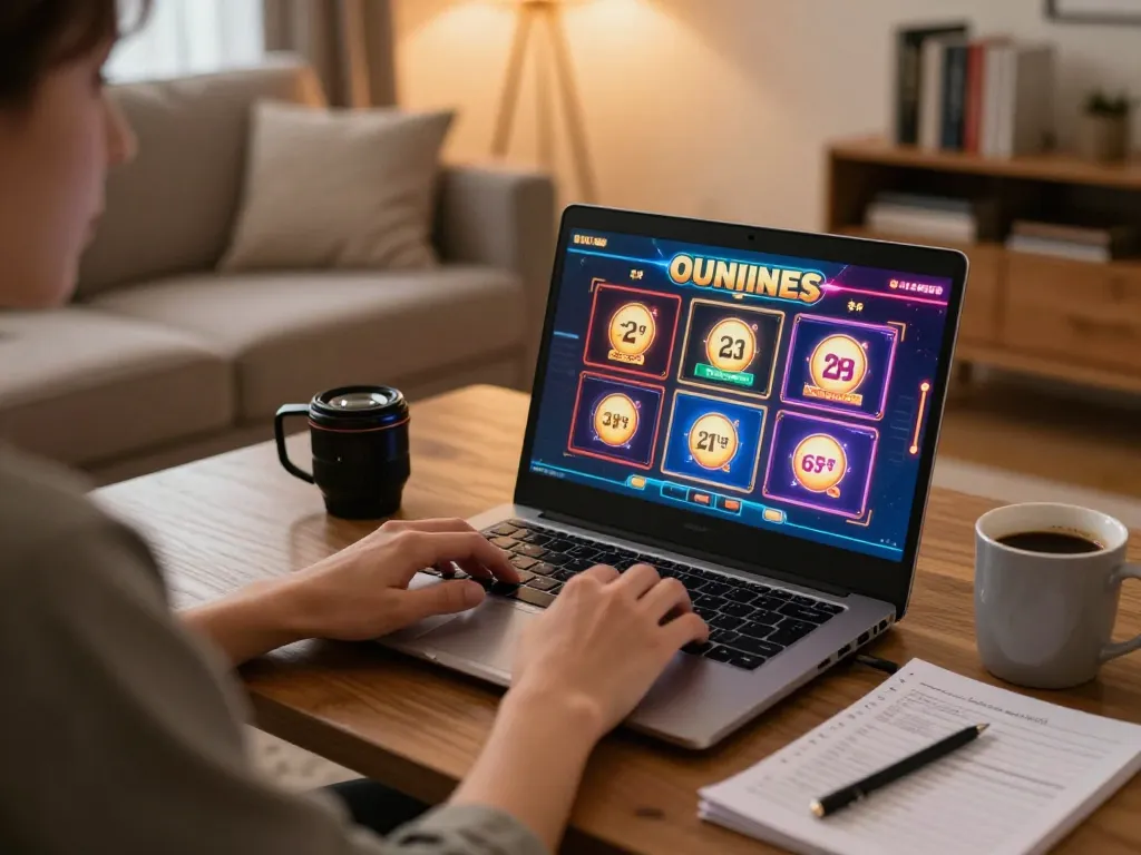 Enjoying slot online gameplay on a laptop in a cozy home setting with strategy notes.