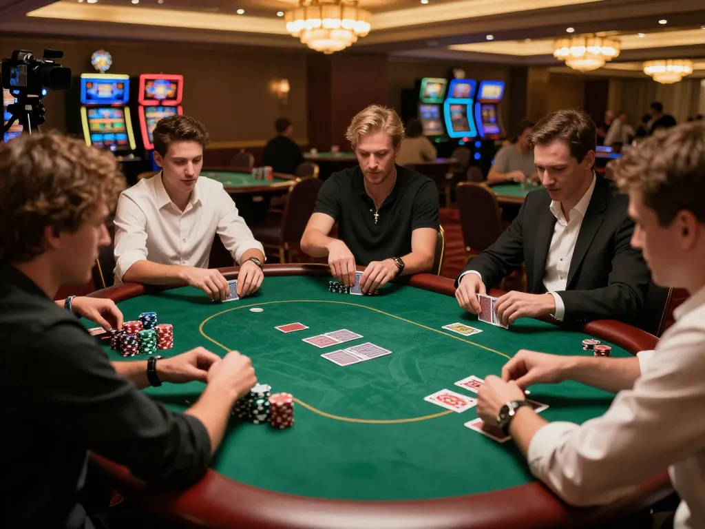 Players engaging in strategic poker gameplay at dash88 casino, vibrant atmosphere with chips and cards in action