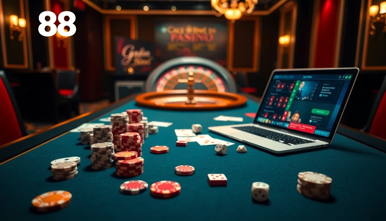 gi88 poker table filled with chips and cards, showcasing an exciting online casino experience.
