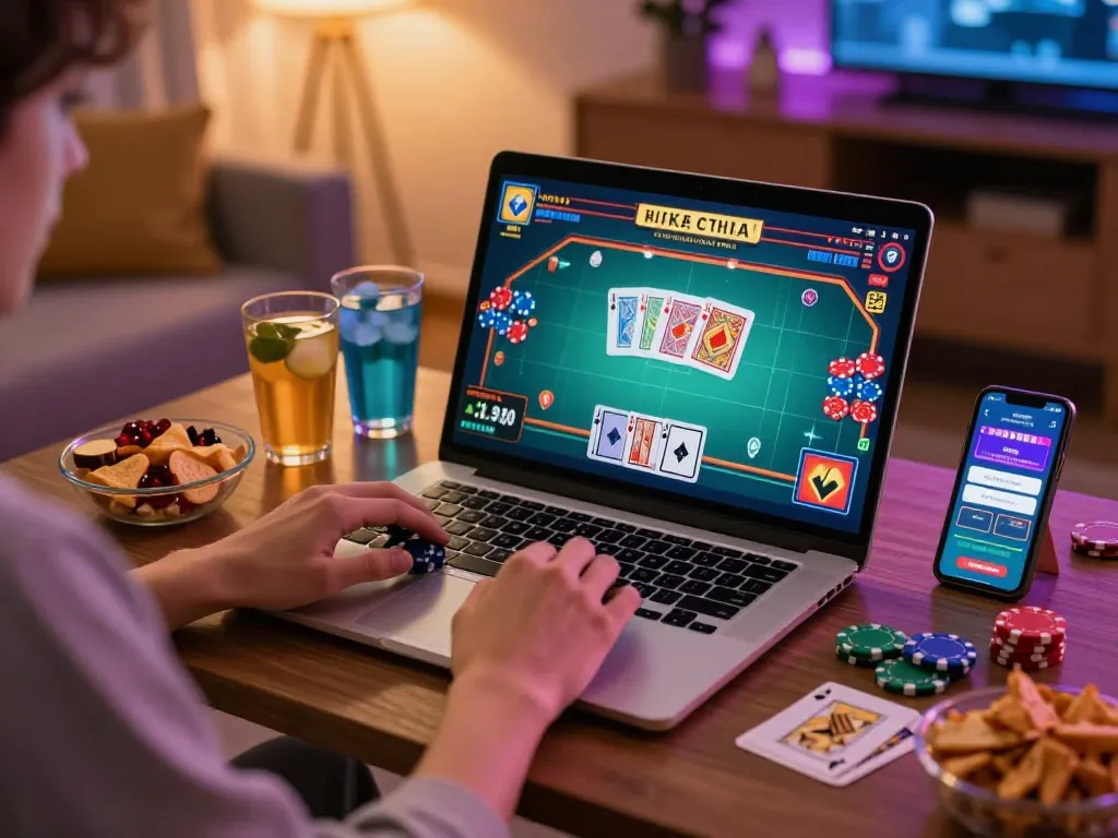 Engaging in a thrilling game bài session with a laptop, showcasing strategic gameplay