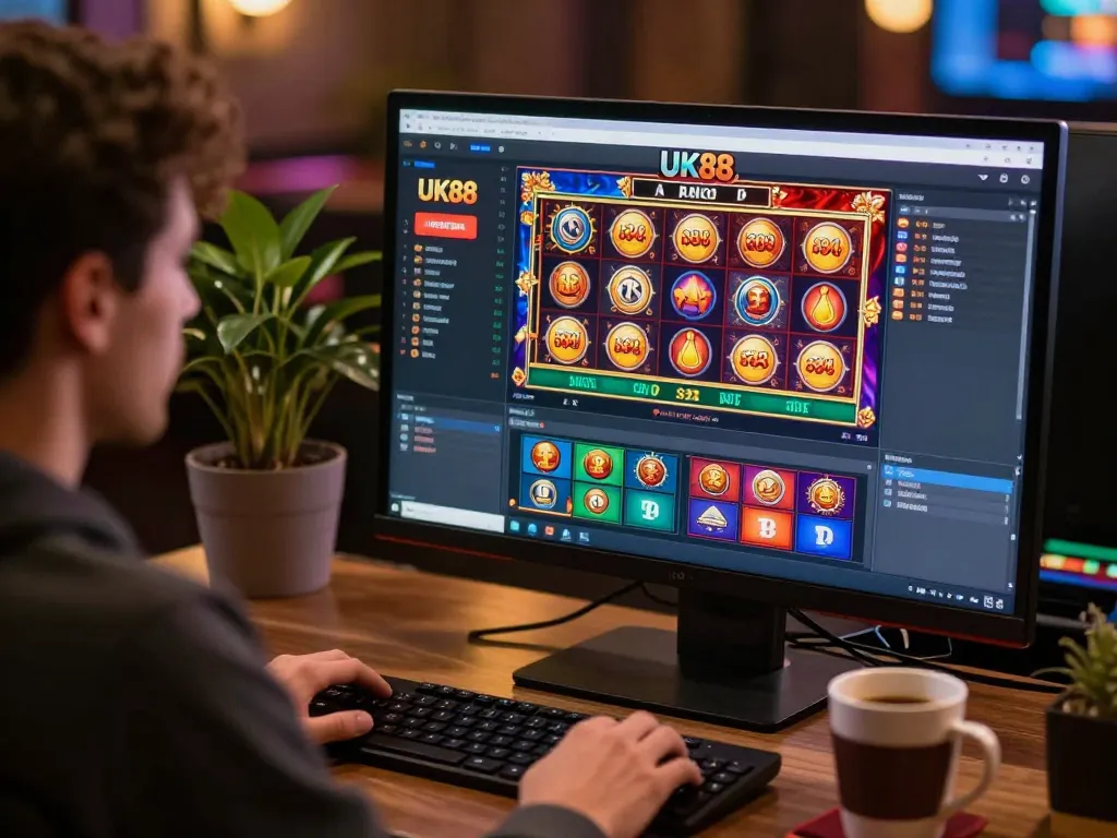 Player engaging with UK88 online casino interface while enjoying a cozy home atmosphere