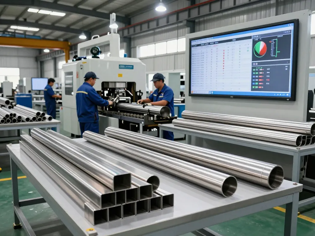 Skilled workers fabricating stainless steel pipes at a modern sumwin facility.
