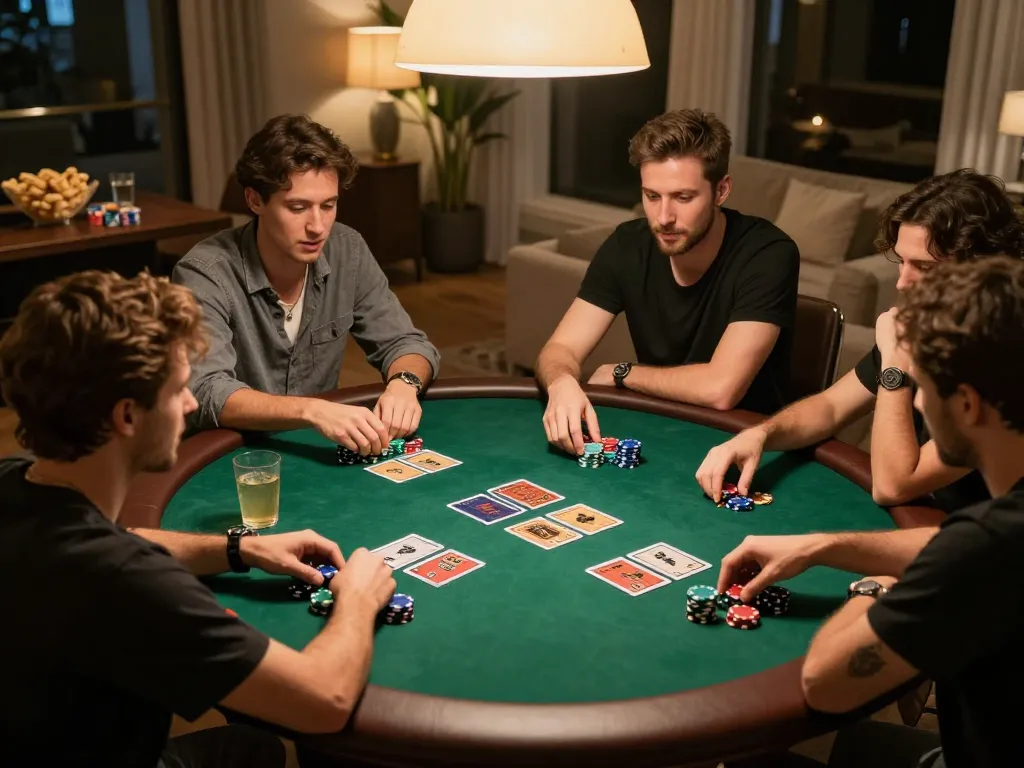 CO88 home poker night with friends enjoying Texas Hold'em game and vibrant chips on the table